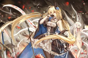 armeechef, Blonde, Hair, Breasts, Cleavage, Dress, Fire, Long, Hair, Multiple, Tails, Pixiv, Fantasia, Red, Eyes, Saberiii, Sword, Tail, Twintails, Vampire, Weapon