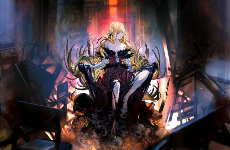 bakemonogatari, Skull, Vampire, Throne, Anime, Girls, Dark, Gothic, Loli, Fantasy HD Wallpaper Desktop Background