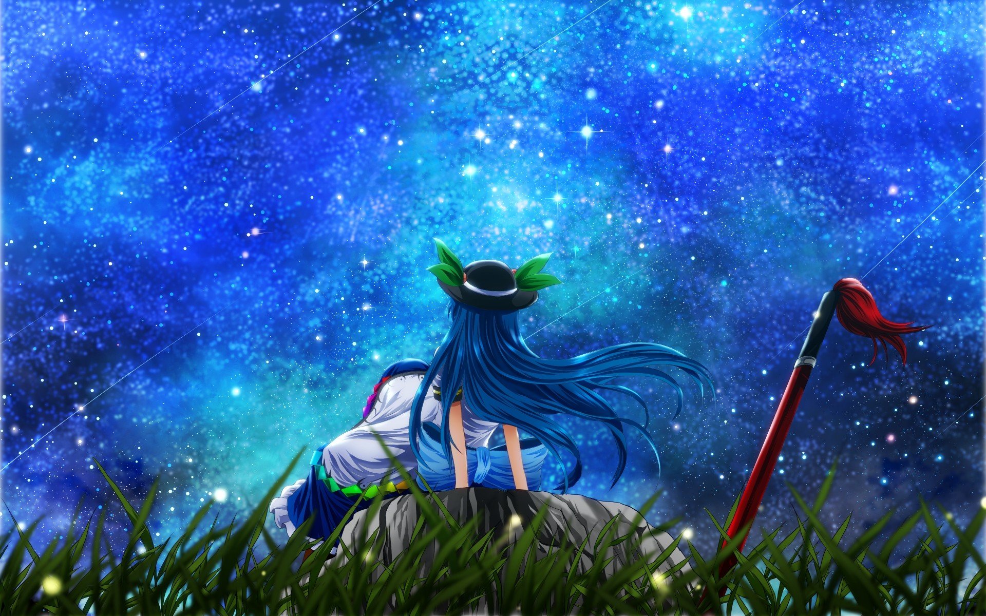 video, Games, Touhou, Dress, Night, Stars, Leaves, Grass, Stones, Long, Hair, Weapons, Blue, Hair, Bows, Sitting, Aprons, Hinanawi, Tenshi, Skyscapes, Hats, Sword, Of, Hisou, Swords, Nekominase Wallpaper