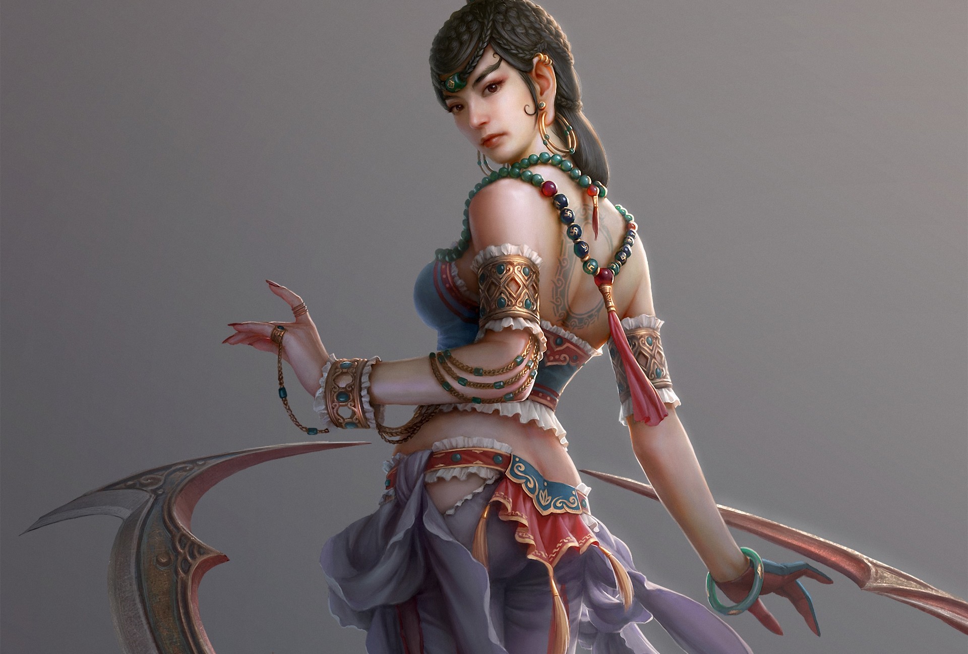 fantasy, Art, Women, Tattoo, Asian, Oriental, Cg, Digital, Art, Weapons, Jewelry Wallpaper