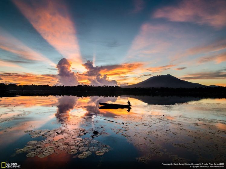 sunrise, Mountains, Nature, Silhouettes, Philippines, National, Geographic, Boats, Lakes, Lily, Pads, Reflections HD Wallpaper Desktop Background
