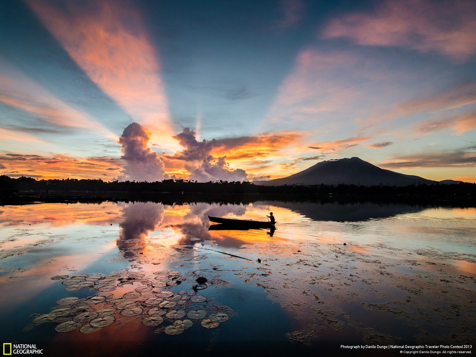 sunrise, Mountains, Nature, Silhouettes, Philippines, National, Geographic, Boats, Lakes, Lily, Pads, Reflections Wallpaper