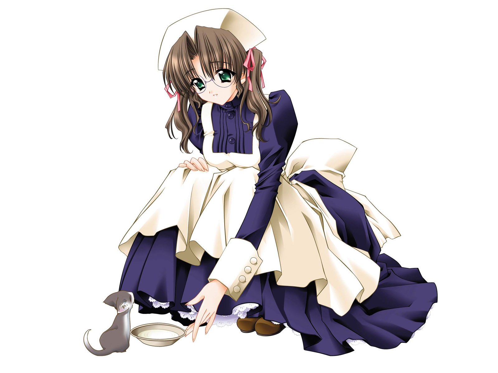 brunettes, Women, Cats, Maids, Carnelian, Meganekko, Simple, Background, Anime, Girls Wallpaper