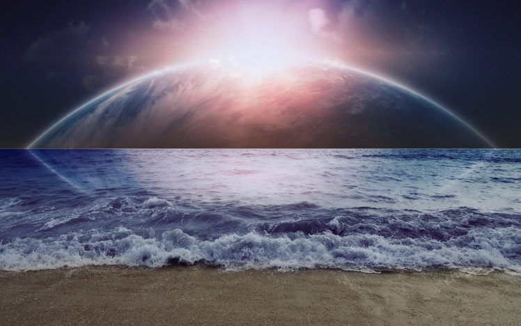 beaches, Ocean, Waves, Dream, Sci, Fi, Planets, Moons, Sky, Sun, Manip HD Wallpaper Desktop Background