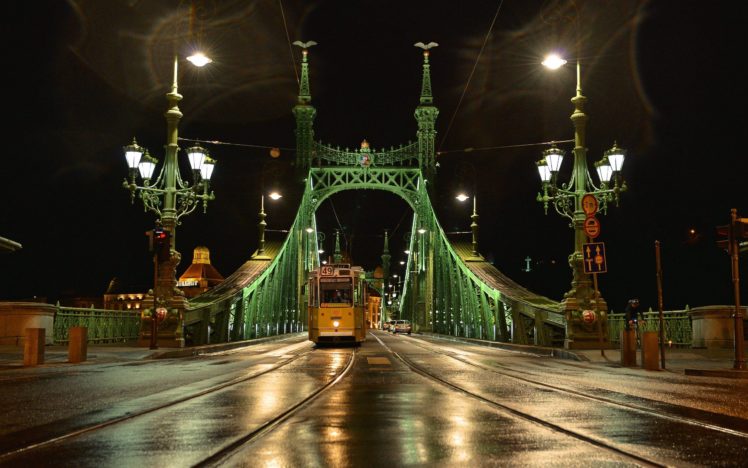 cityscapes, Night, Lights, Yellow, Bridges, Hungary, Budapest, Artwork, Rivers, Night, City HD Wallpaper Desktop Background