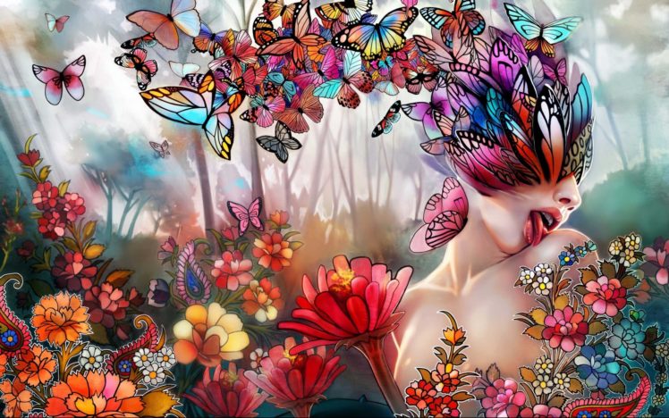 fantasy, Art, Women, Girl, Butterfly, Lips, Face, Psychedelic, Nature HD Wallpaper Desktop Background