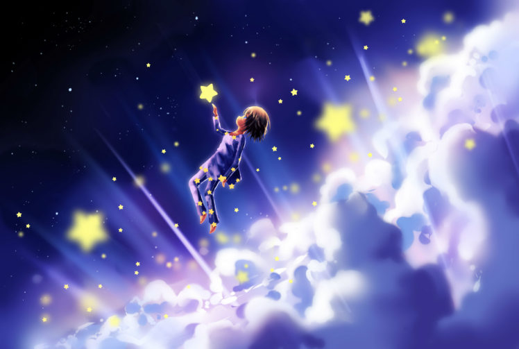 fantasy, Art, Sky, Stars, Children, Clouds, Dream, Cute HD Wallpaper Desktop Background