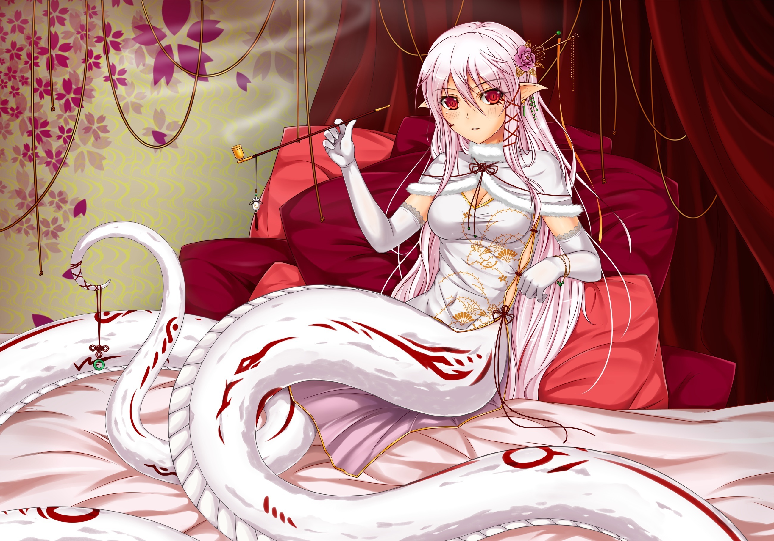 midnight,  artist , Mangaka, Bed, Bedroom, Blush, Cheongsam, Chinese, Clothes, Dress, Female, Flower, Gloves, Hair, Ornament, Lamia, Long, Hair, Looking, At, Camera, Pillow, Pink, Hair, Pointy, Ears, Red, Eyes, S Wallpaper