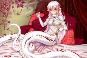 midnight,  artist , Mangaka, Bed, Bedroom, Blush, Cheongsam, Chinese, Clothes, Dress, Female, Flower, Gloves, Hair, Ornament, Lamia, Long, Hair, Looking, At, Camera, Pillow, Pink, Hair, Pointy, Ears, Red, Eyes, S