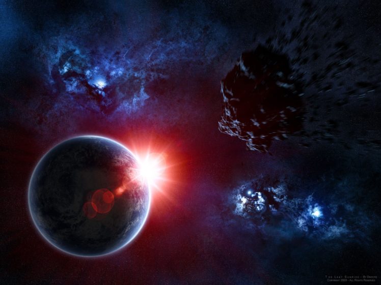sunrise, Outer, Space, Earth, Fantasy, Art, Asteroids HD Wallpaper Desktop Background