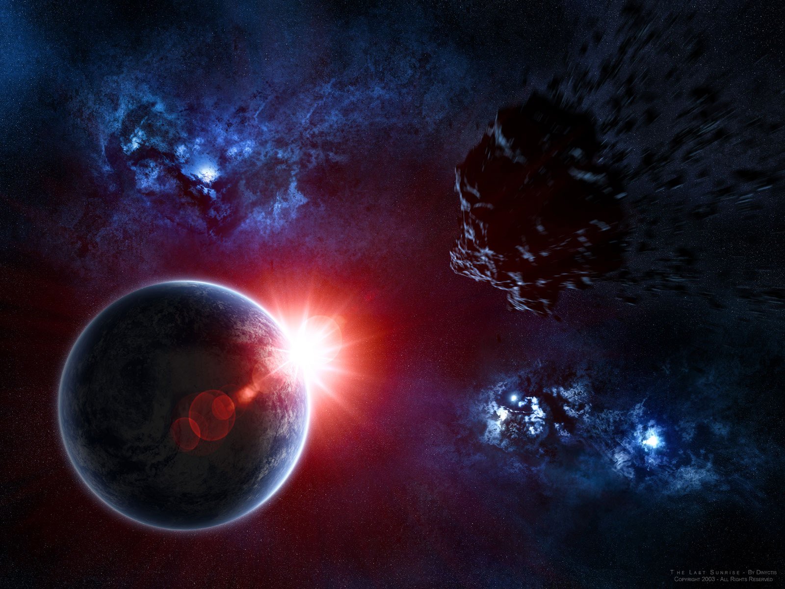 sunrise, Outer, Space, Earth, Fantasy, Art, Asteroids Wallpaper