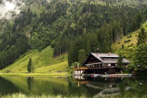 forest, Boats, Mountains, House, Lake