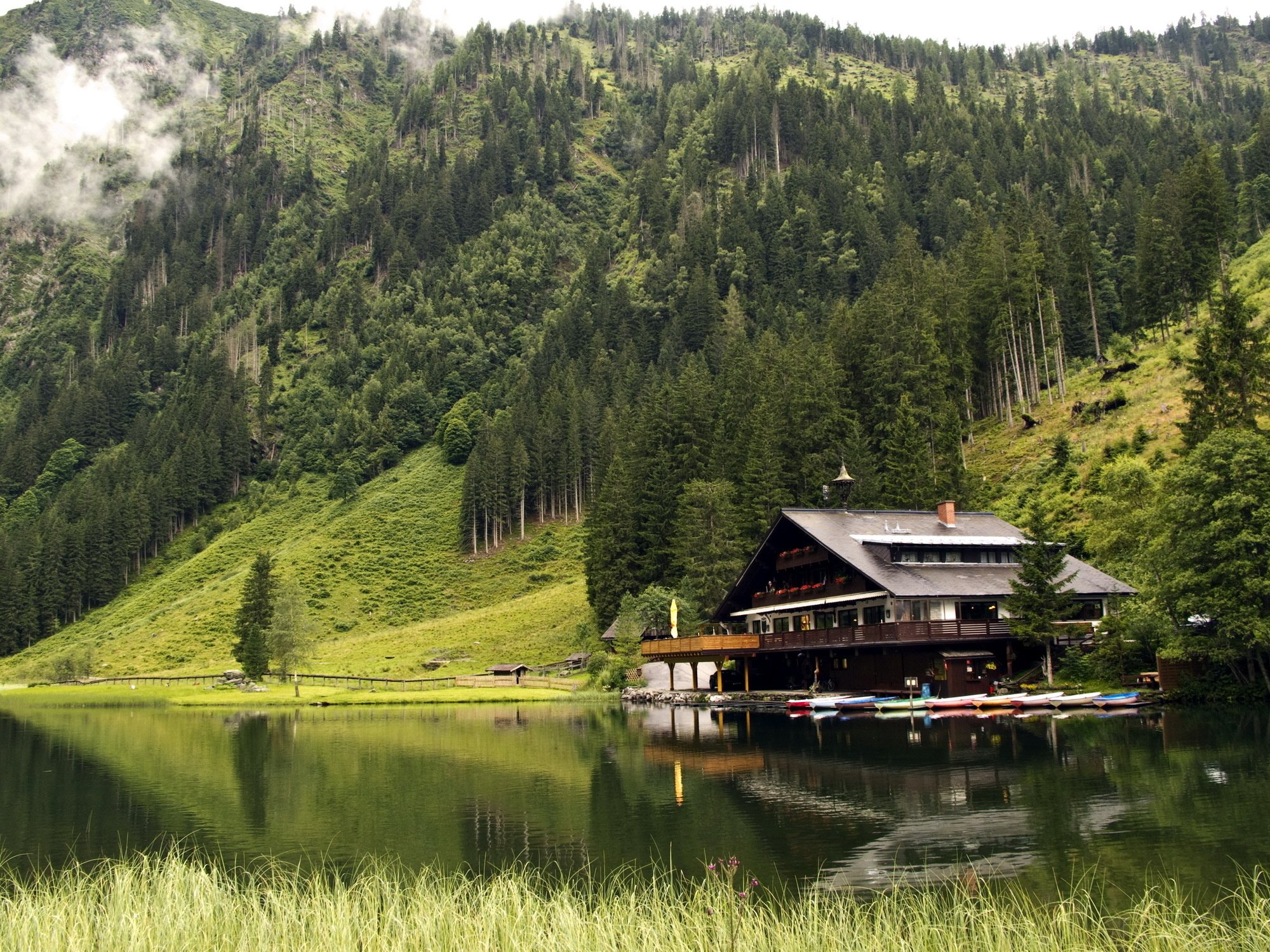 forest, Boats, Mountains, House, Lake Wallpaper