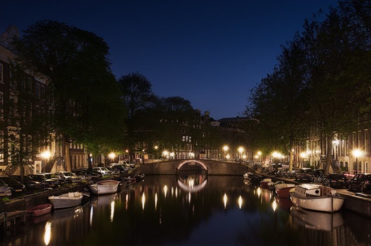 holland, Street, Amsterdam, Canal, Reflection, River, Night HD Wallpaper Desktop Background