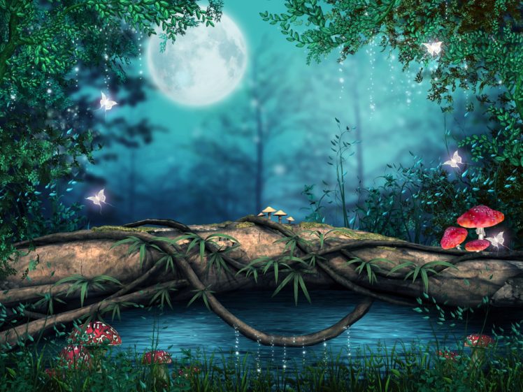 photoshop, Lake, Forest, Artwork, Art, Mushroom, Magical, Butterfly HD Wallpaper Desktop Background
