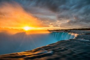 sun, Sunrise, Waterfall, Rays, Niagara