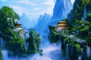 fantasy, Art, Asian, Oriental, Landscapes, Buildings, Castles, Mountains, Waterfalls, Rivers, Fog, Spray