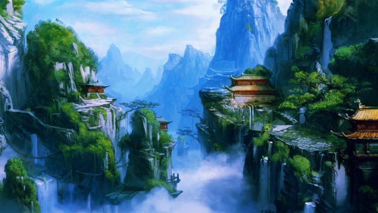 fantasy, Art, Asian, Oriental, Landscapes, Buildings, Castles, Mountains, Waterfalls, Rivers, Fog, Spray HD Wallpaper Desktop Background