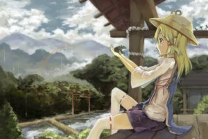 blondes, Water, Video, Games, Mountains, Clouds, Landscapes, Touhou, Trees, Rain, Stockings, Animals, Skirts, Long, Hair, Ribbons, Buildings, Brown, Eyes, Goddess, Rainbows, Thigh, Highs, Frogs, Scenic, Moriya,