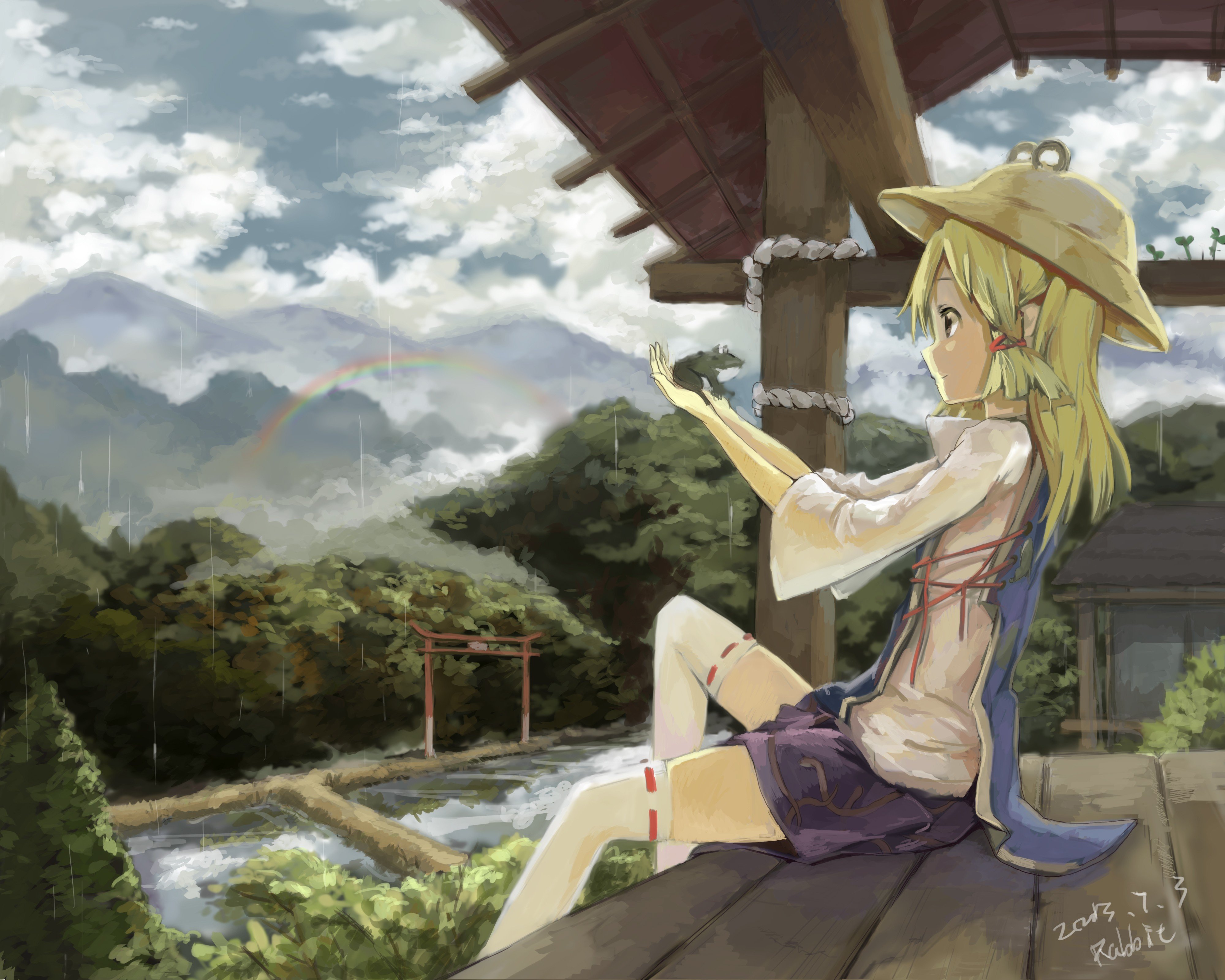 blondes, Water, Video, Games, Mountains, Clouds, Landscapes, Touhou, Trees, Rain, Stockings, Animals, Skirts, Long, Hair, Ribbons, Buildings, Brown, Eyes, Goddess, Rainbows, Thigh, Highs, Frogs, Scenic, Moriya, Wallpaper