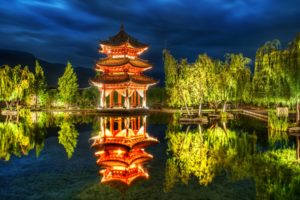 lijiang, China, Park, Pagoda, Pond, Trees, Reflection