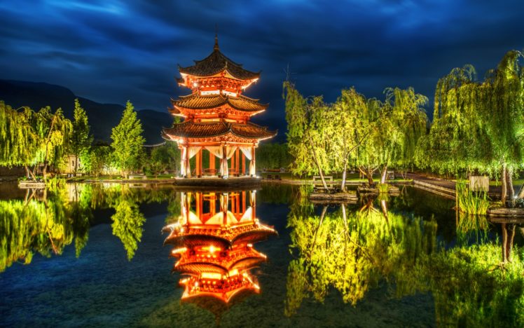 lijiang, China, Park, Pagoda, Pond, Trees, Reflection HD Wallpaper Desktop Background