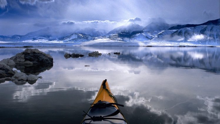 clouds, Nature, Winter, California, Lakes, Kayak, Mono, Lake HD Wallpaper Desktop Background