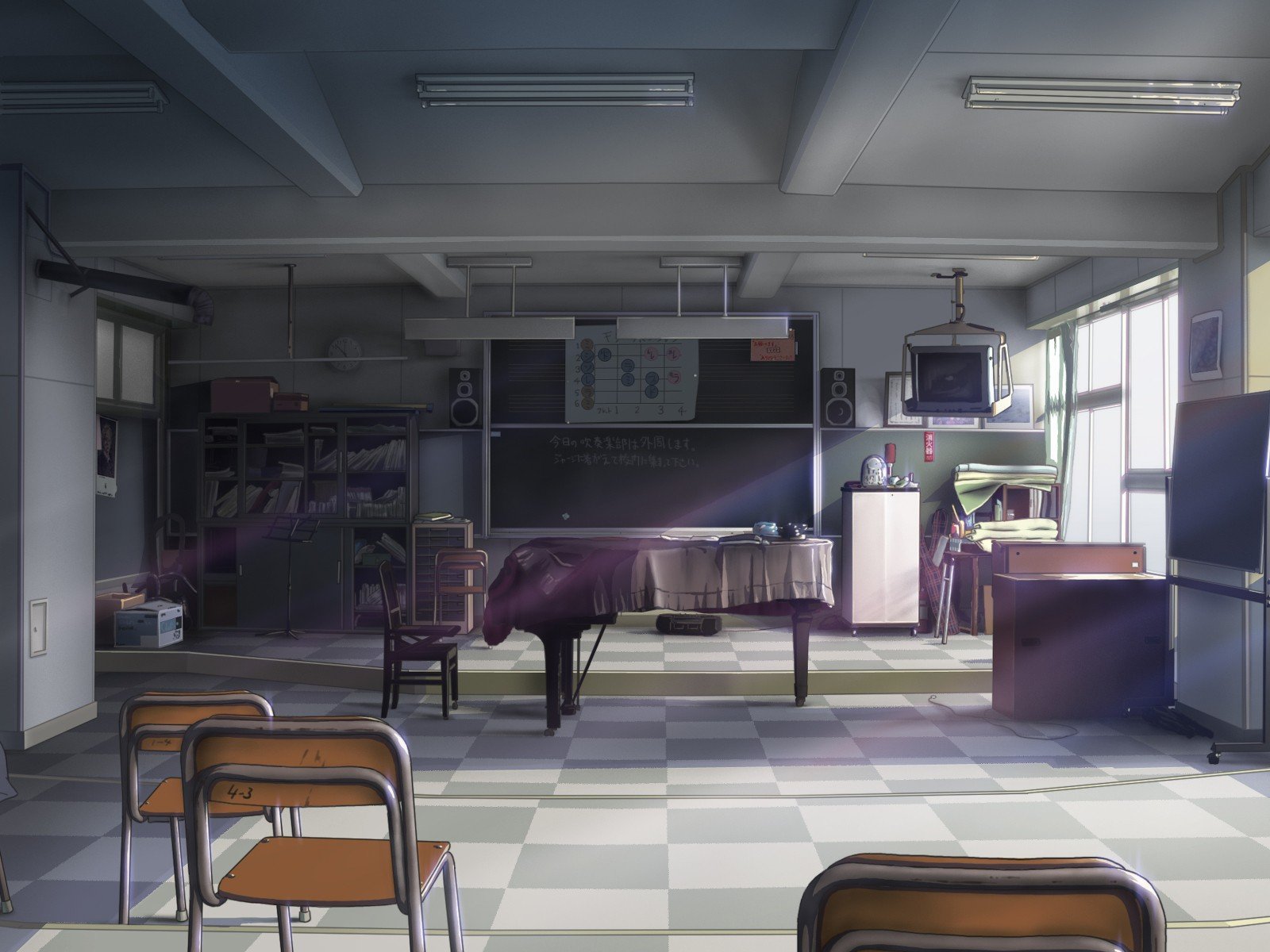 classroom, Blackboards, Daylight, Chairs, Anime, Bookshelf, Isai, Shizuka Wallpaper