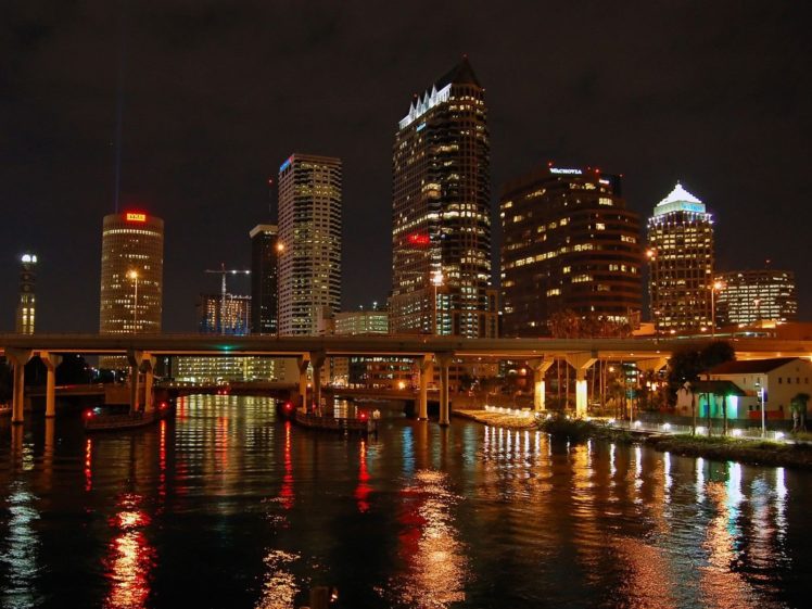cityscapes, Night, Bridges, Buildings, Florida, City, Lights, Rivers, Reflections HD Wallpaper Desktop Background