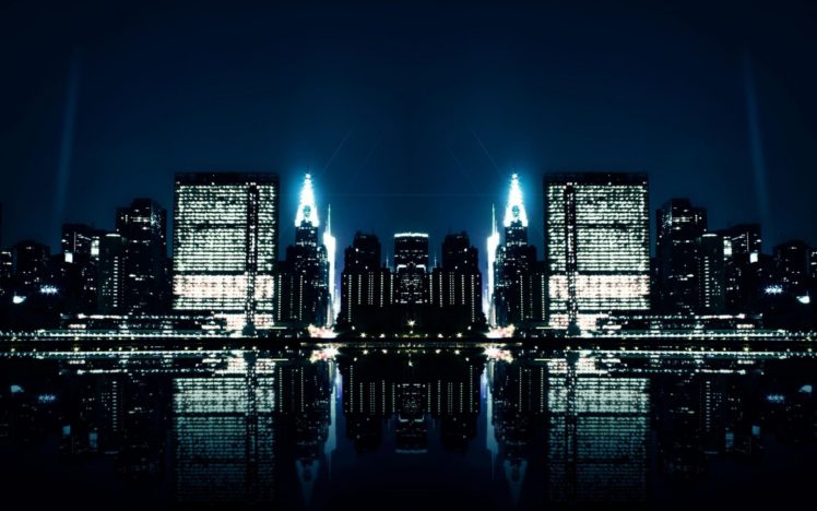 architecture, Buildings, Skyscrapers, Night, Water, Reflection HD Wallpaper Desktop Background