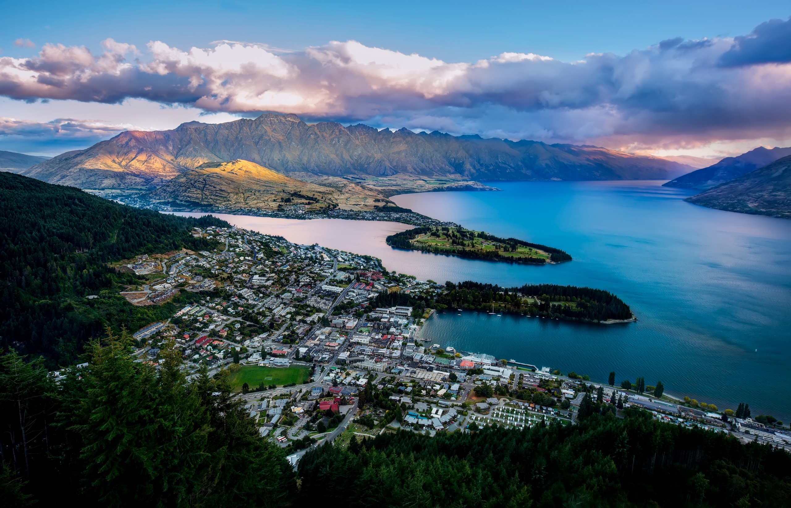 new, Zealand, Queenstown, New, Zealand, Lake, Wakatipu, Bay, Mountains, Panorama, Landscapes, Water, Sky, Clouds Wallpaper