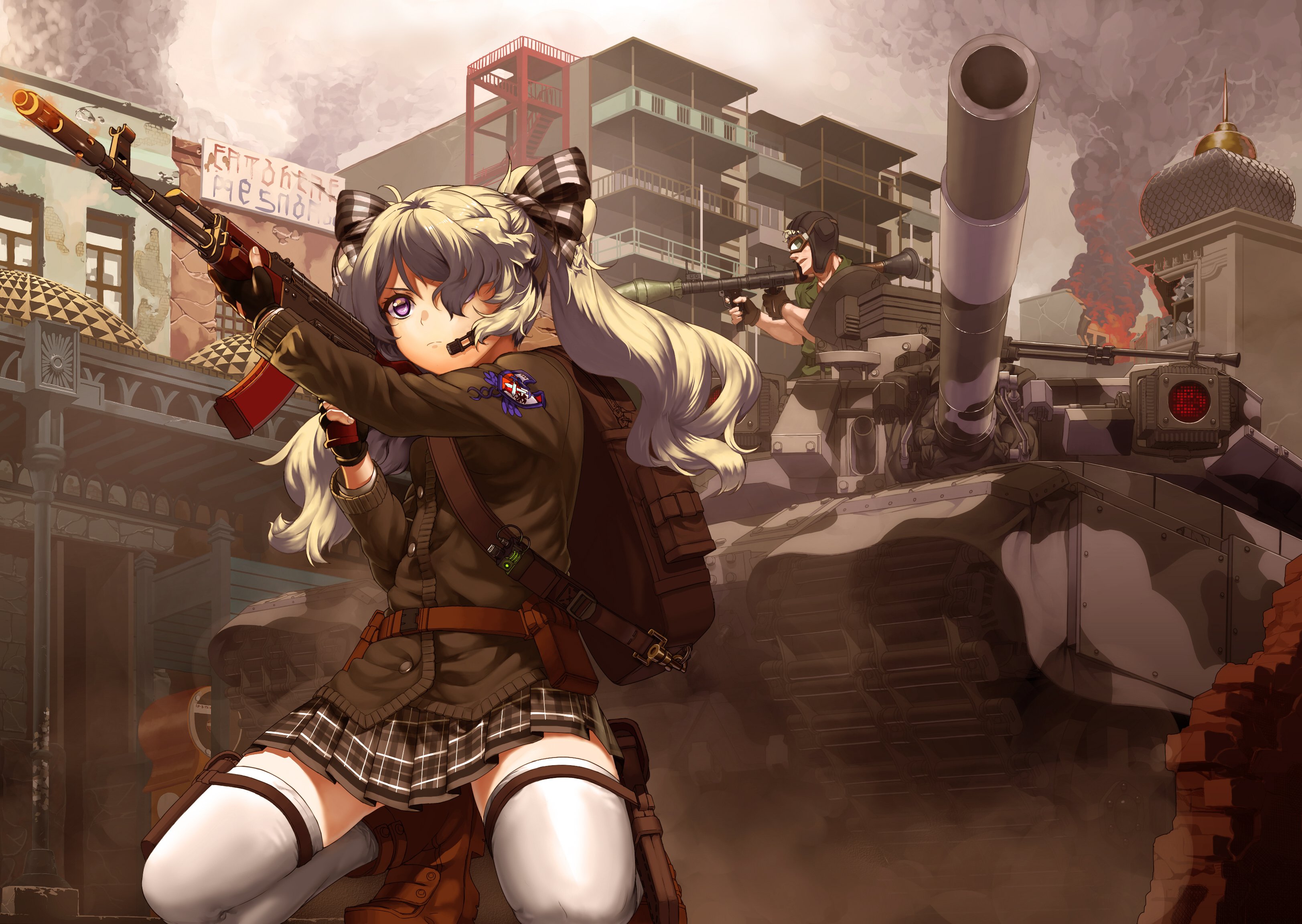 boots, Building, City, Fire, Gloves, Goggles, Gun, Long, Hair, Military, Original, Purple, Eyes, Ribbons, Ruins, Skirt, Thighhighs, Twintails, Uniform, Weapon, White, Hair Wallpaper