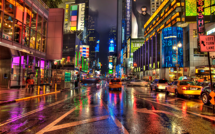 new, York, Hdr, Streets, Taxi, Cars, Traffic, Architecture, Buildings, Sidewalk, People, Crowds, Storm, Rain, Drops HD Wallpaper Desktop Background
