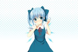 video, Games, Touhou, Dress, Blue, Eyes, Cirno, Ribbons, Blue, Hair, Short, Hair, Crystals, Twintails, Blush, Bows, Simple, Background, Anime, Girls, Hair, Bow