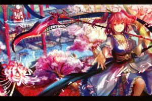 water, Video, Games, Landscapes, Touhou, Cherry, Blossoms, Trees, Dress, Multicolor, Flowers, Scythe, Redheads, Cleavage, Houses, Weapons, Buildings, Shinigami, Red, Eyes, Short, Hair, Twintails, Scenic, Necklac