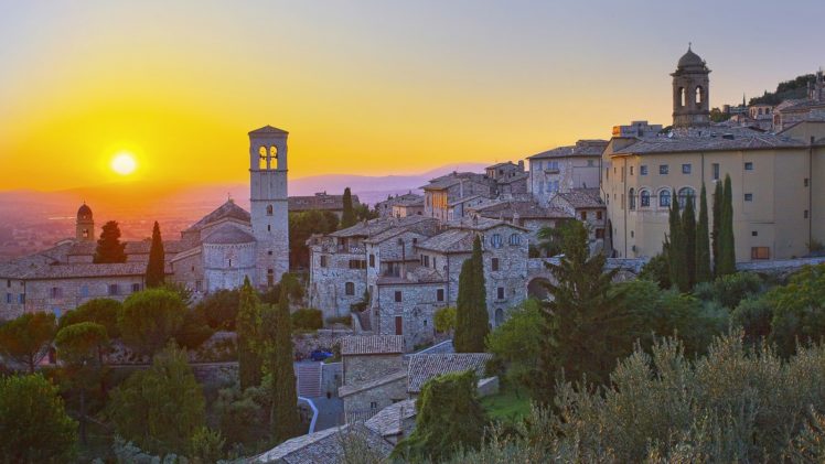 assisi, Italy, Architecture, Buildings, Church, Cathedral, Sunset, Sunrise, Sky HD Wallpaper Desktop Background