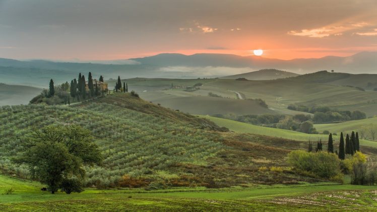 green, Sunset, Landscapes, Nature, Trees, Grass, Houses, Hills, Italy, Roads, Toscana HD Wallpaper Desktop Background