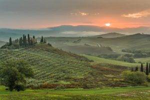 green, Sunset, Landscapes, Nature, Trees, Grass, Houses, Hills, Italy, Roads, Toscana