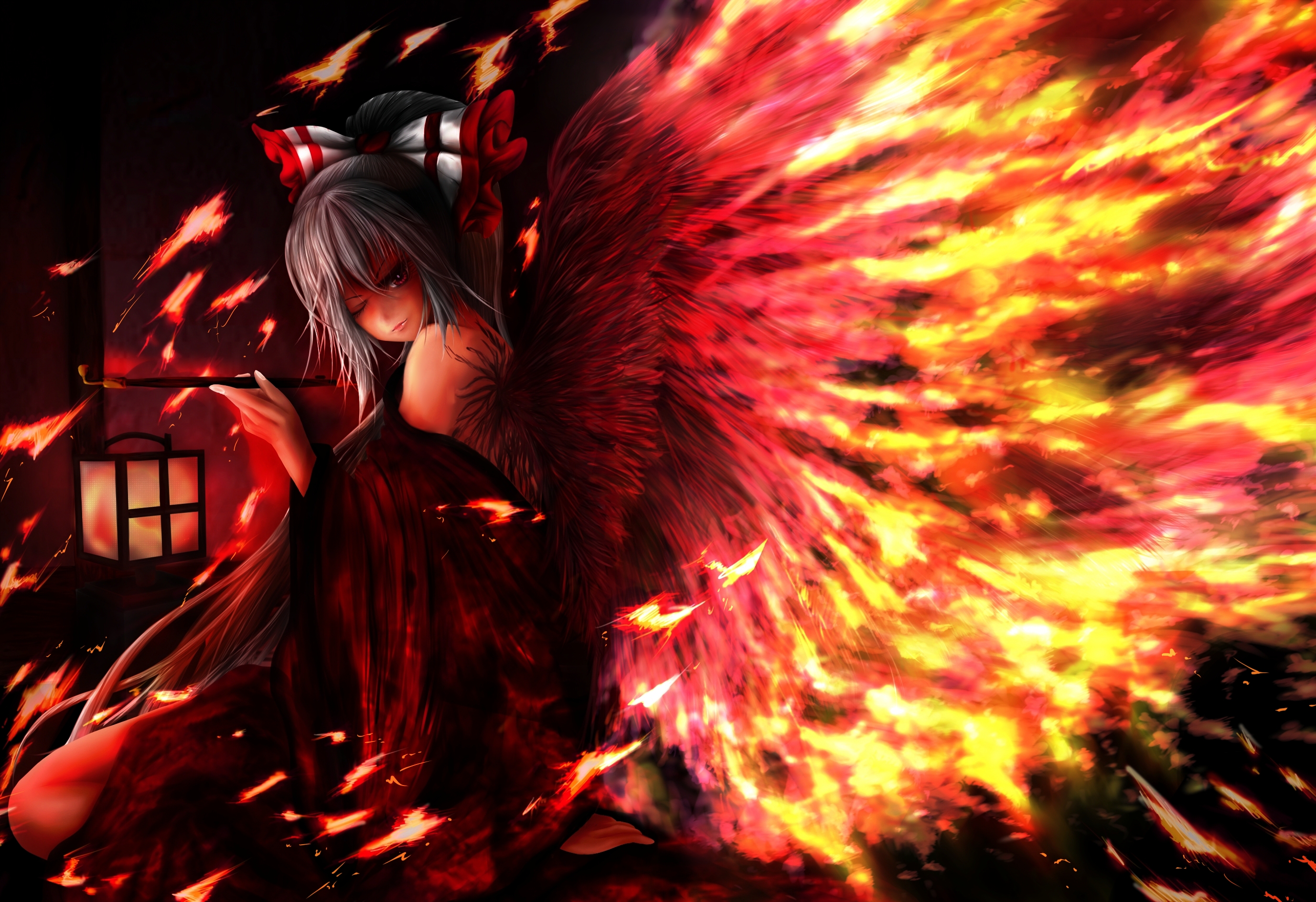 touhou, Fantasy, Vector, Art, Angels, Fire, Wings, Girl, Gothic, Dark