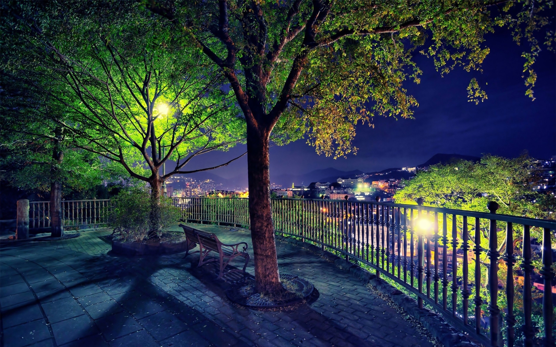 park, Garden, Bench, Trees, Night, Lights, Lamp, Post, Fence, Railing, View, Scenic Wallpaper