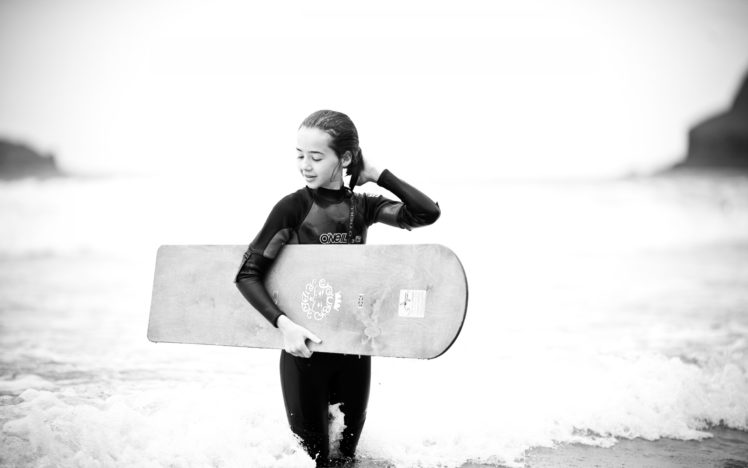 surfing, Bodyboard, Girl, Women, Nature, Beaches, Waves, Ocean, Black, White HD Wallpaper Desktop Background