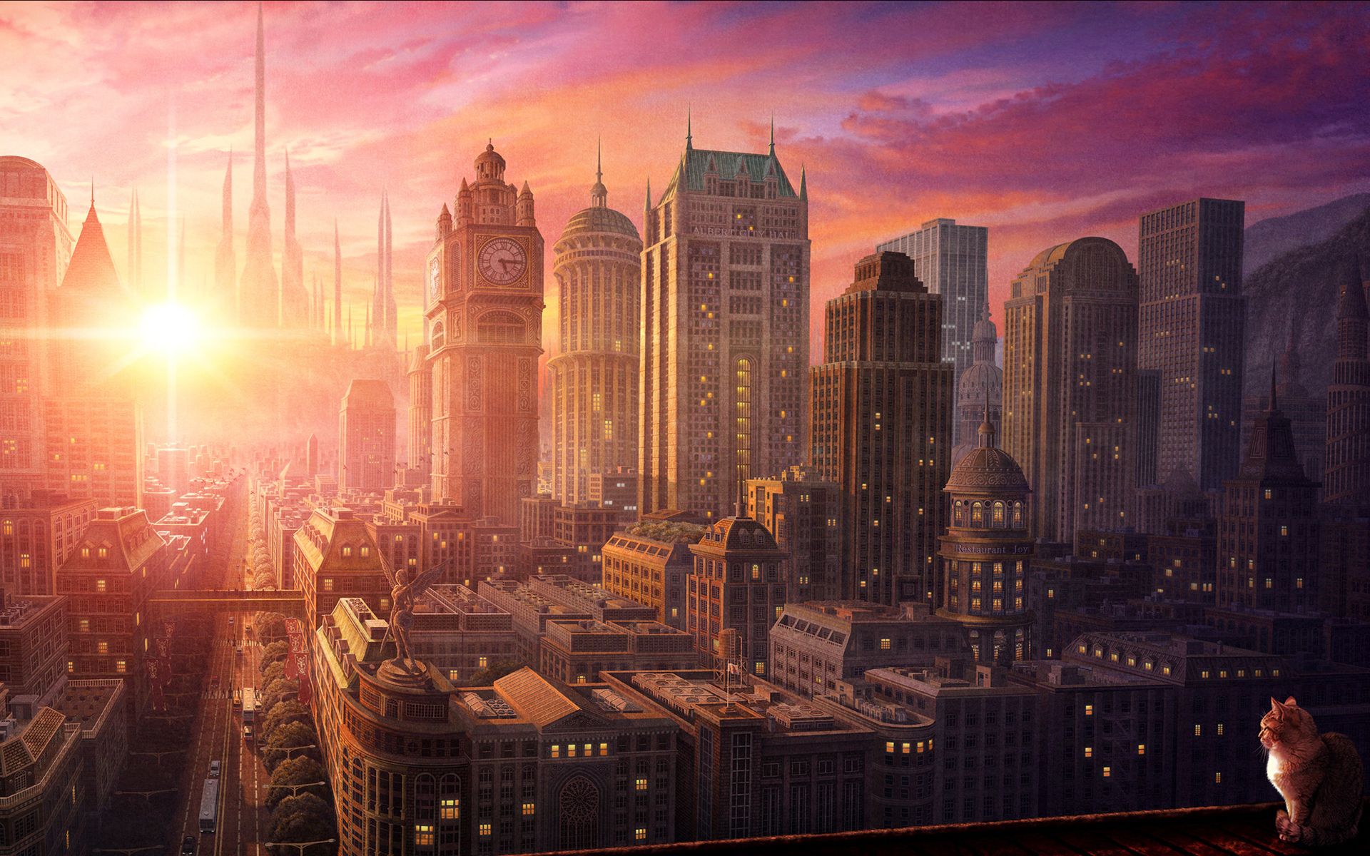 cg, Digital, Art, Cats, Sunrise, Sunset, Architecture, Buildings, Skyscrapers, Sky, Clouds, Art Wallpaper