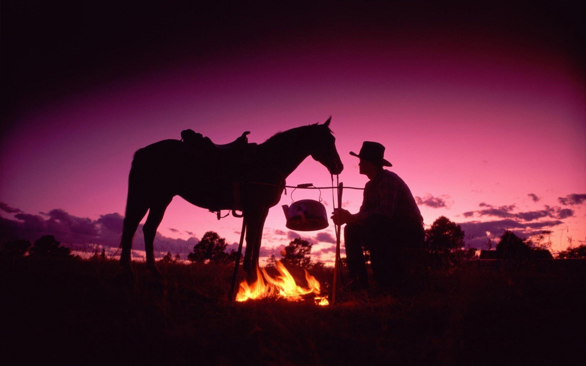 silhouettes, Cowboys, Horses Wallpaper