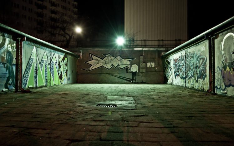light, Green, Cityscapes, Night, Graffiti, Urban, Poland, Garages, Urban, Art, Sidewalk HD Wallpaper Desktop Background