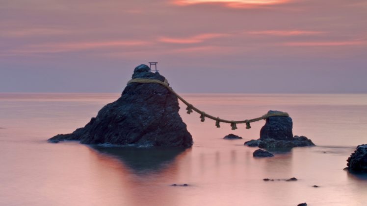 japan, Dawn, Rocks, Wedding, Ropes, Sea HD Wallpaper Desktop Background
