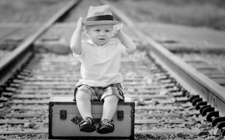 humor, Cute, Children, Baby, Black, White, Travel, Railroad, Train, Tracks HD Wallpaper Desktop Background