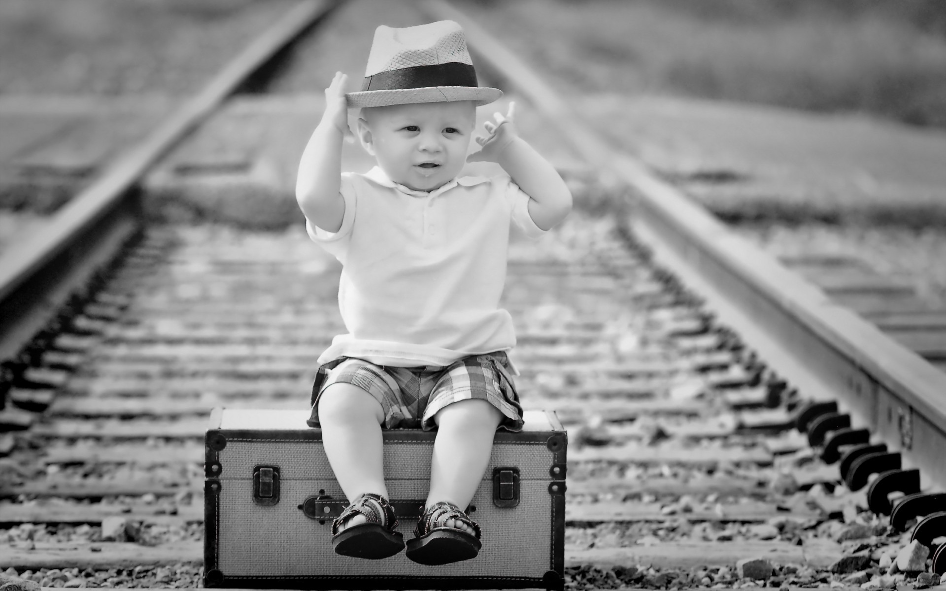 humor, Cute, Children, Baby, Black, White, Travel, Railroad, Train, Tracks Wallpaper