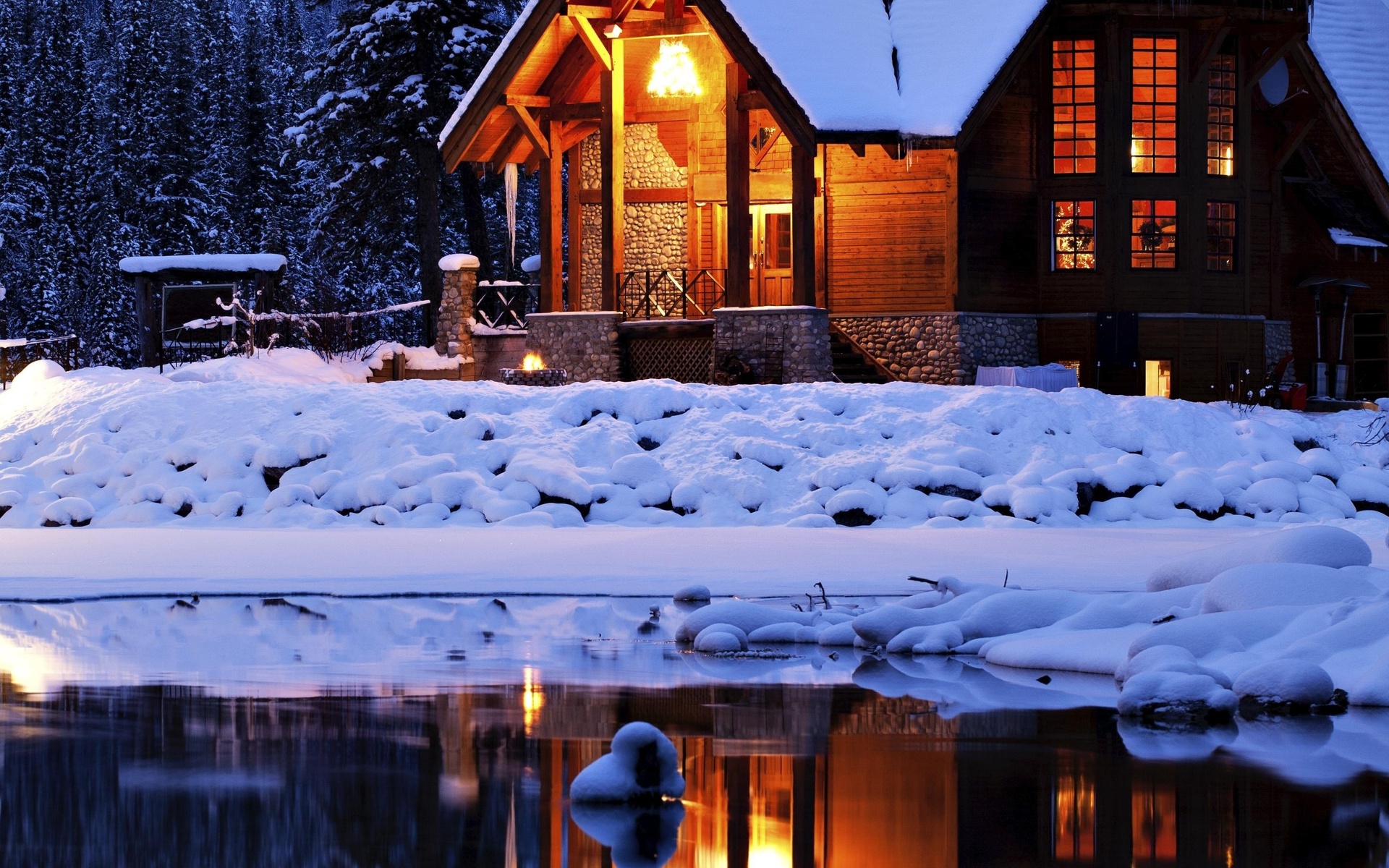 buildings, Cottge, House, Winter, Snow, Lakes, Reflection, Lights, House Wallpaper