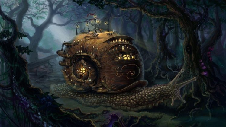 fantasy, Art, Landscapes, Snail, Steampunk, Cities, Trees, Forest HD Wallpaper Desktop Background