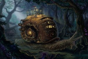 fantasy, Art, Landscapes, Snail, Steampunk, Cities, Trees, Forest
